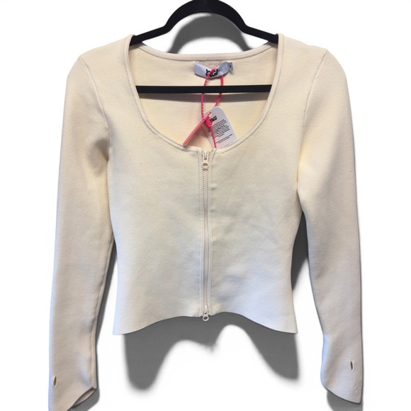 YAGI Sweaters - YAGI Cream Zip Up Cardigan Long Sleeve Thumbhole Scoop Neck Top Medium NEW
